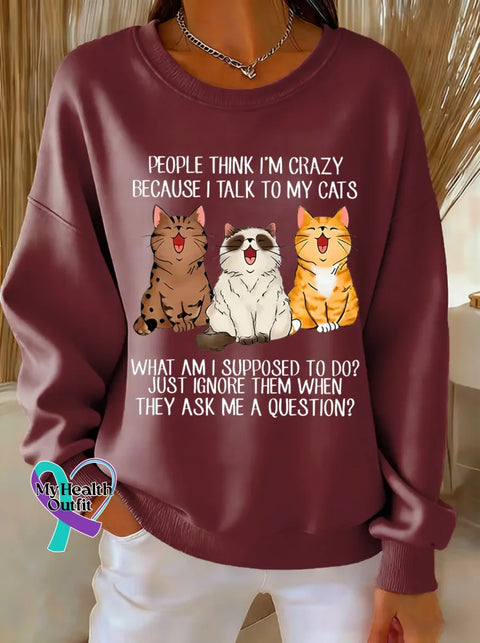 Cat Print Casual Sweatshirt Red / S