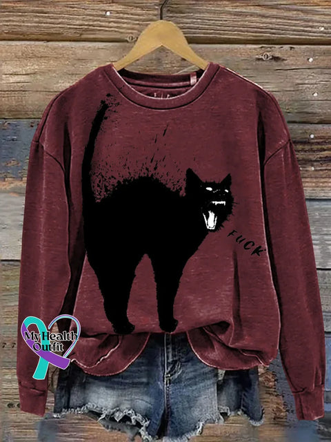 Cat Print Casual Sweatshirt Red / S