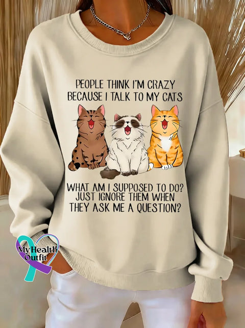 Cat Print Casual Sweatshirt Sand / S