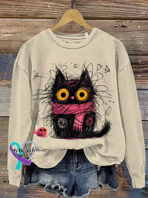 Cat Print Casual Sweatshirt Sand / S