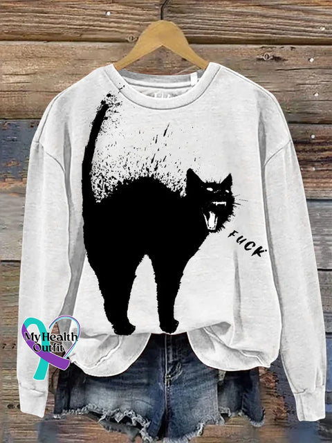 Cat Print Casual Sweatshirt White / S