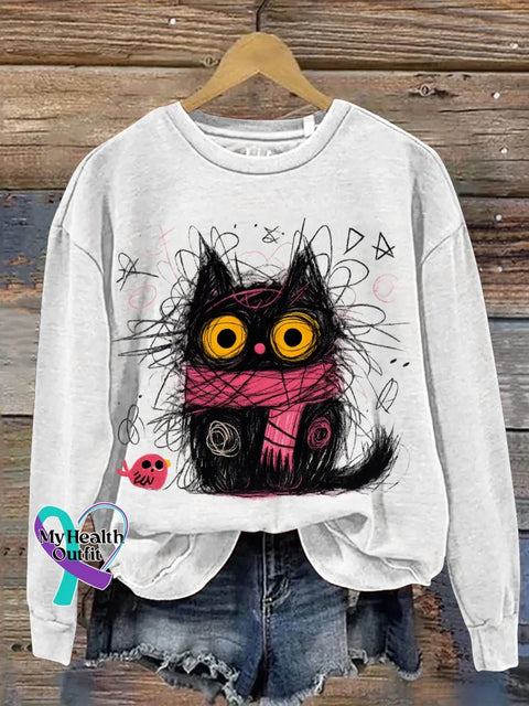 Cat Print Casual Sweatshirt White / S