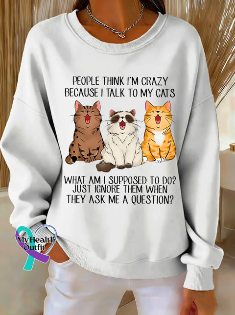 Cat Print Casual Sweatshirt White / S