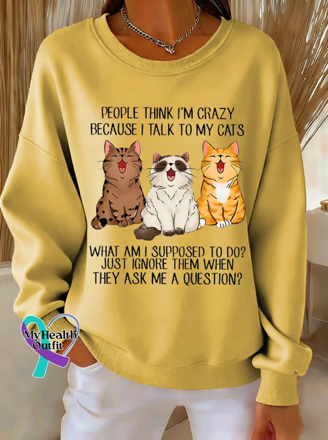 Cat Print Casual Sweatshirt Yellow / S