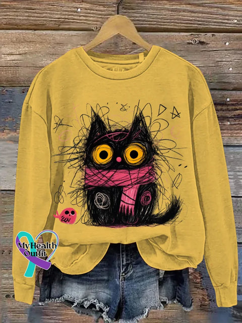 Cat Print Casual Sweatshirt Yellow / S