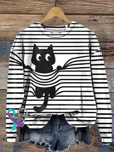 Cat Striped Print Casual Sweatshirt Multicolor / S