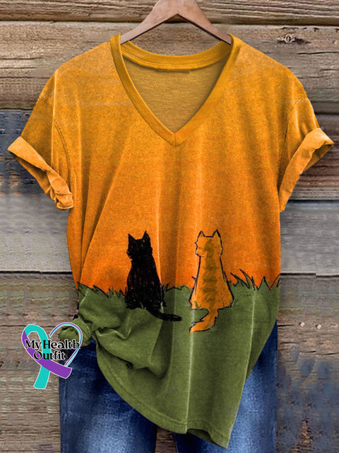 Cats Art Print V-neck Casual T-Shirt Multicolor / S