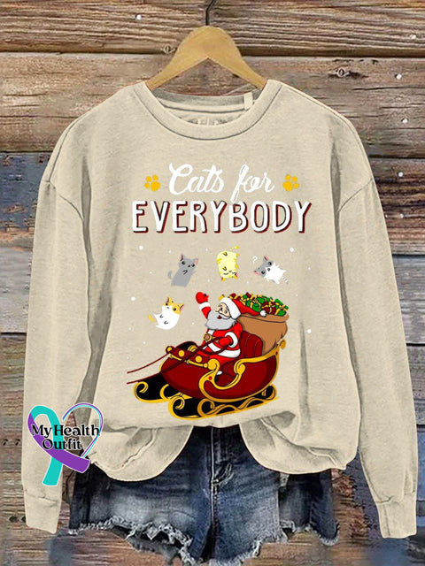 Cats For Everybody Christmas Print Casual Sweatshirt Apricot / S