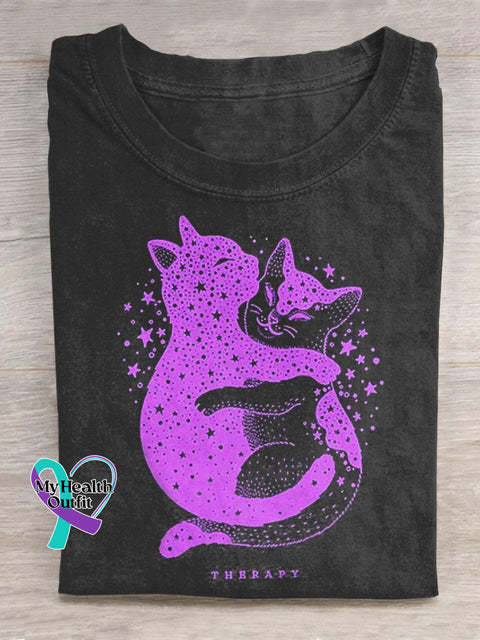 Cats Hug Therapy Print Casual T-Shirt Black / S