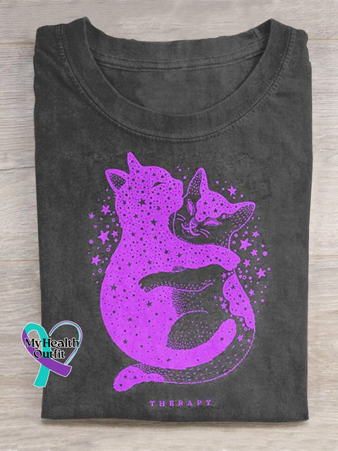 Cats Hug Therapy Print Casual T-Shirt Grey / S