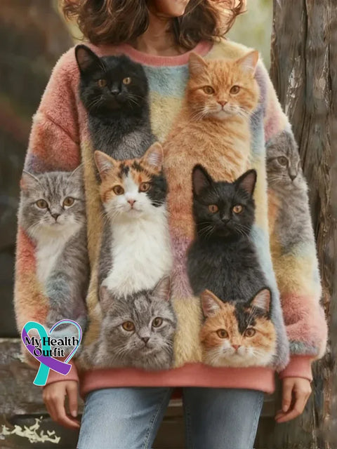 Cats Pattern Crew Neck Sweater Multicolor / S
