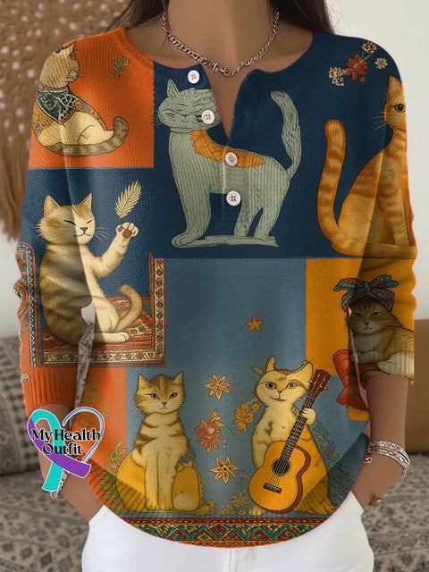 Cats Print Buttoned Cardigan Sweater Multicolor / S