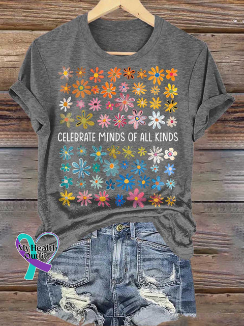 CELEBRATE MINDS OF ALL KINDS Floral Mental Health Awareness T-shirt Grey / S