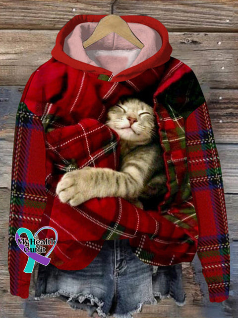 Check Cat Print Long Sleeve Casual Hoodie