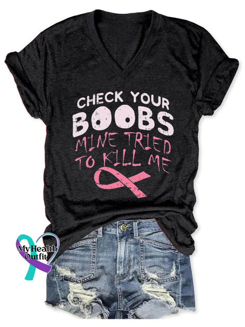 Check Your Boobs Breast Cancer Awareness Art Casual T-Shirt Black / S