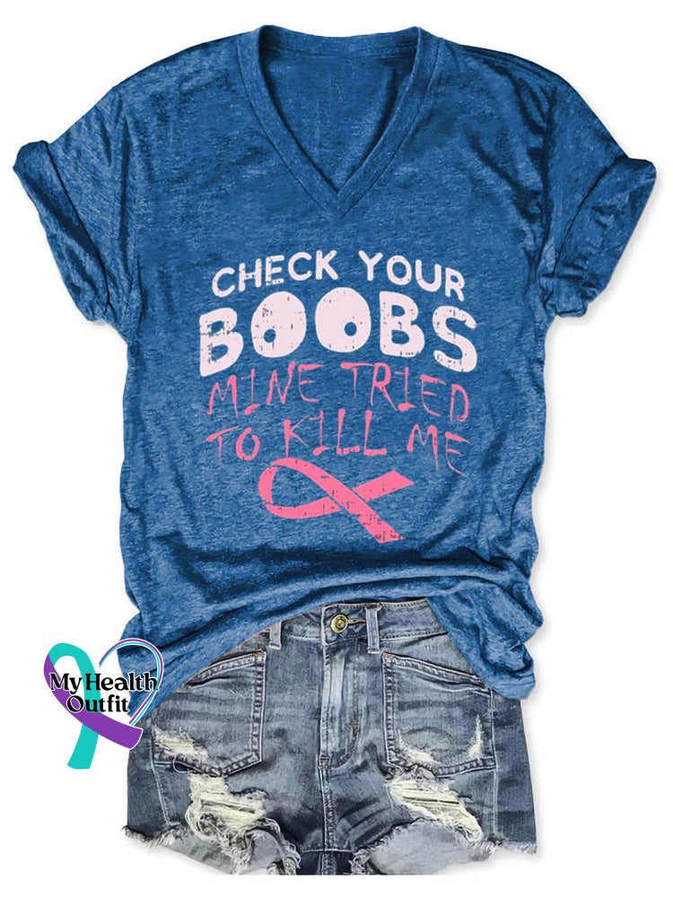 Check Your Boobs Breast Cancer Awareness Art Casual T-Shirt Blue / S