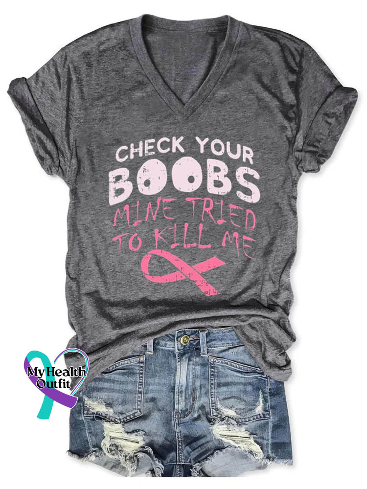 Check Your Boobs Breast Cancer Awareness Art Casual T-Shirt Grey / S