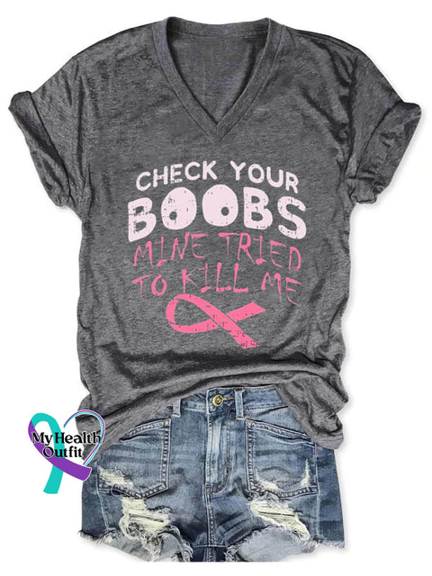 Check Your Boobs Breast Cancer Awareness Art Casual T-Shirt Grey / S