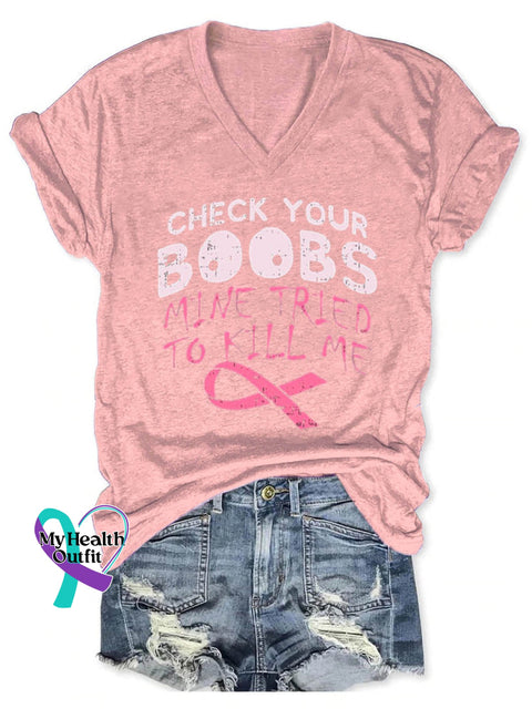 Check Your Boobs Breast Cancer Awareness Art Casual T-Shirt Pink / S
