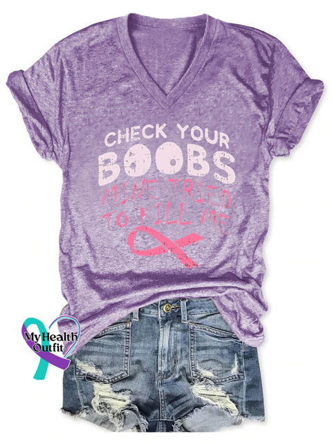 Check Your Boobs Breast Cancer Awareness Art Casual T-Shirt Purple / S