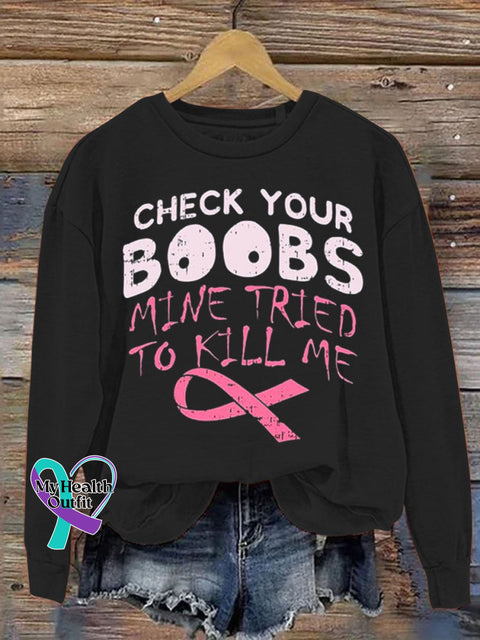 Check Your Boobs Breast Cancer Awareness Art Pattern Print Casual Sweatshirt Black / S