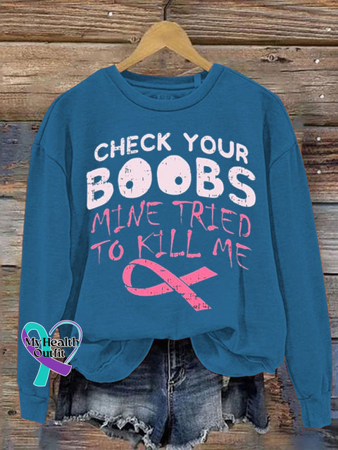 Check Your Boobs Breast Cancer Awareness Art Pattern Print Casual Sweatshirt Blue / S