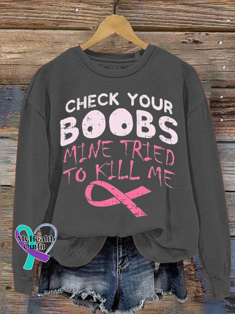 Check Your Boobs Breast Cancer Awareness Art Pattern Print Casual Sweatshirt Grey / S