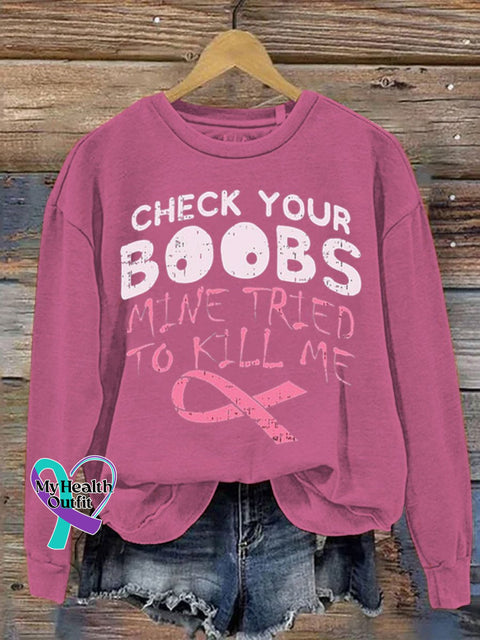 Check Your Boobs Breast Cancer Awareness Art Pattern Print Casual Sweatshirt Pink / S