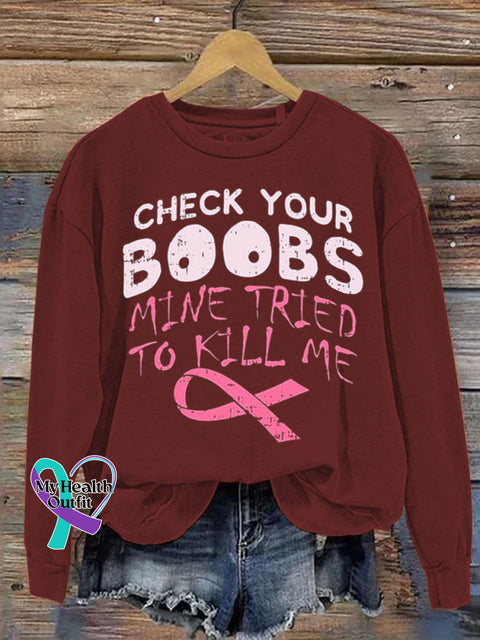 Check Your Boobs Breast Cancer Awareness Art Pattern Print Casual Sweatshirt Red / S