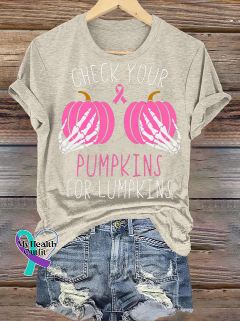 Check Your Pumpkin Breast Cancer Awareness Printed Casual Crew Neck Short Sleeve T-Shirt Beige / S