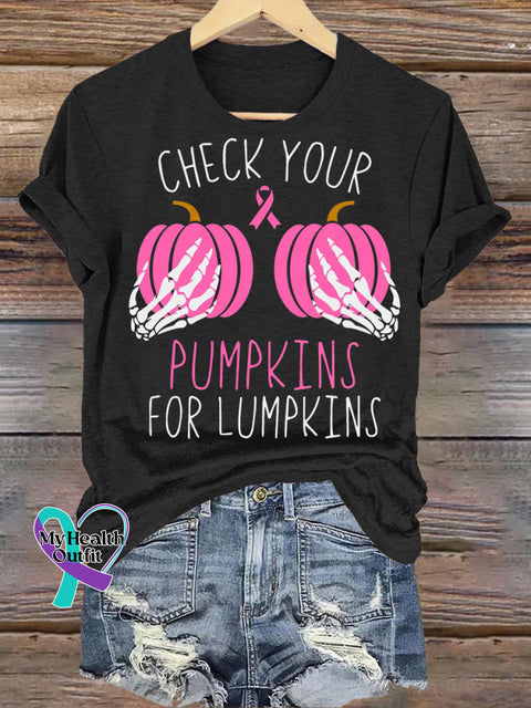 Check Your Pumpkin Breast Cancer Awareness Printed Casual Crew Neck Short Sleeve T-Shirt Black / S