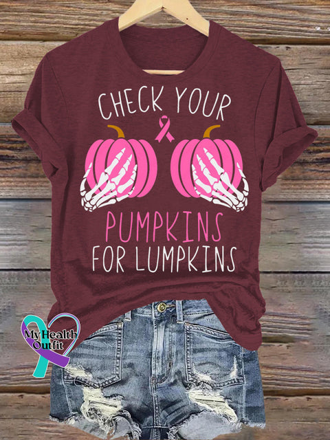 Check Your Pumpkin Breast Cancer Awareness Printed Casual Crew Neck Short Sleeve T-Shirt Brown / S