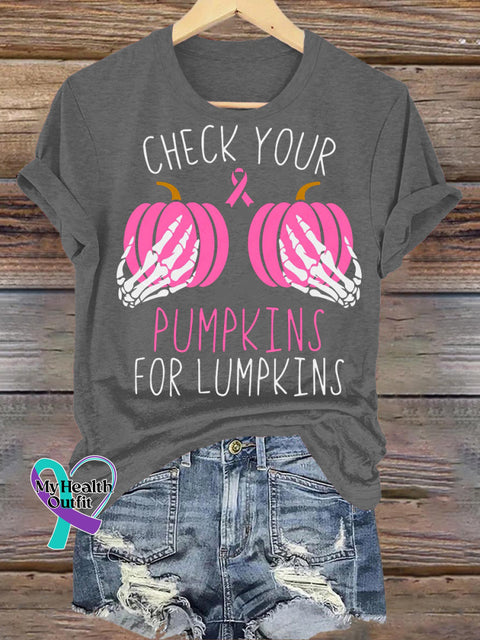 Check Your Pumpkin Breast Cancer Awareness Printed Casual Crew Neck Short Sleeve T-Shirt Grey / S
