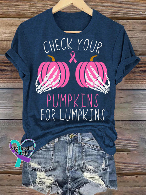 Check Your Pumpkin Breast Cancer Awareness Printed Casual Crew Neck Short Sleeve T-Shirt NavyBlue / S