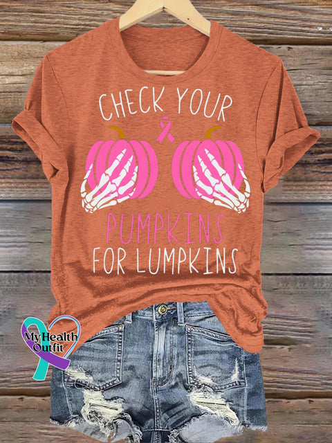Check Your Pumpkin Breast Cancer Awareness Printed Casual Crew Neck Short Sleeve T-Shirt Orange / S