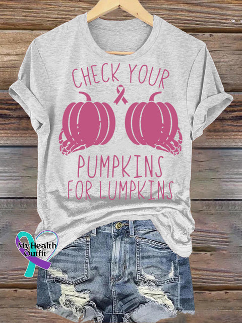 Check Your Pumpkin Breast Cancer Awareness Printed Casual Crew Neck Short Sleeve T-Shirt White / S