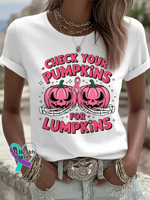 CHECK YOUR PUMPKIN FOR LUMPKINS Breast Cancer Awareness T shirt White / S
