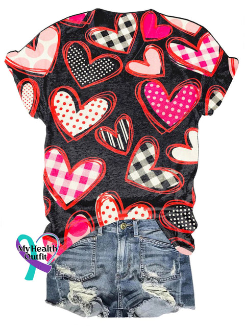 Checkered Graffiti Love Print V-Neck Casual Short Sleeve T-Shirt Multicolor / S