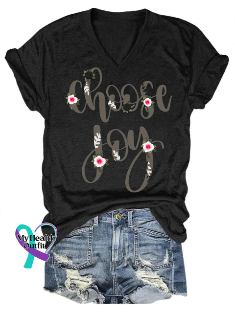 Choose Joy Printed Casual V-Neck Short Sleeve T-Shirt Black / S