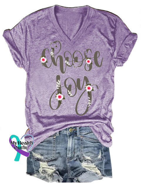 Choose Joy Printed Casual V-Neck Short Sleeve T-Shirt Purple / S