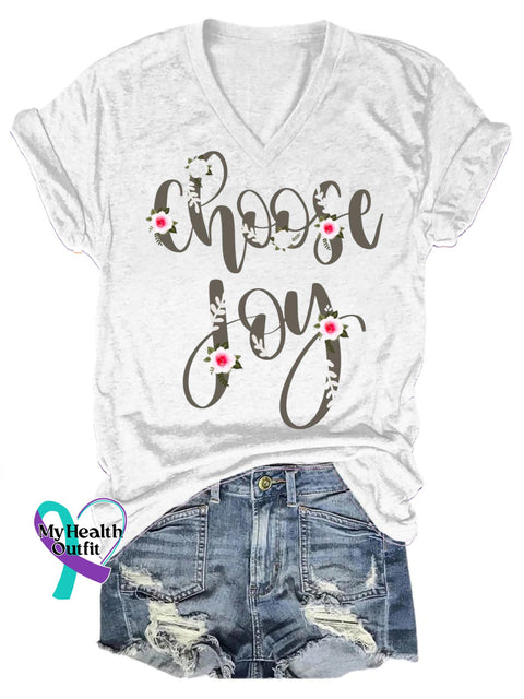 Choose Joy Printed Casual V-Neck Short Sleeve T-Shirt WHite / S