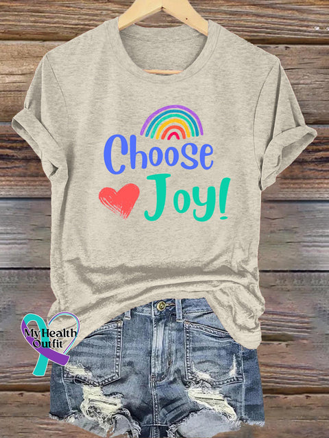 Choose Joy Rainbow Casual Round Neck Short Sleeve Beige / S
