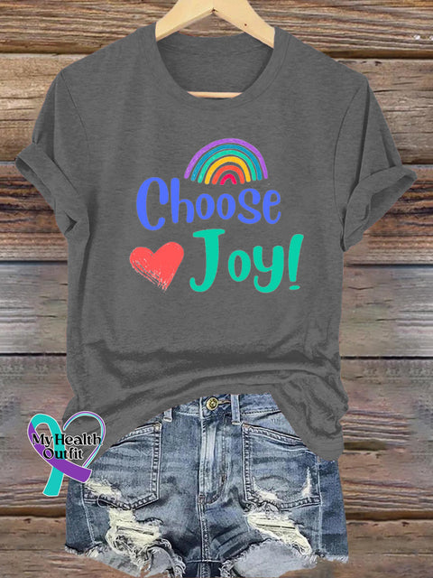 Choose Joy Rainbow Casual Round Neck Short Sleeve Grey / S