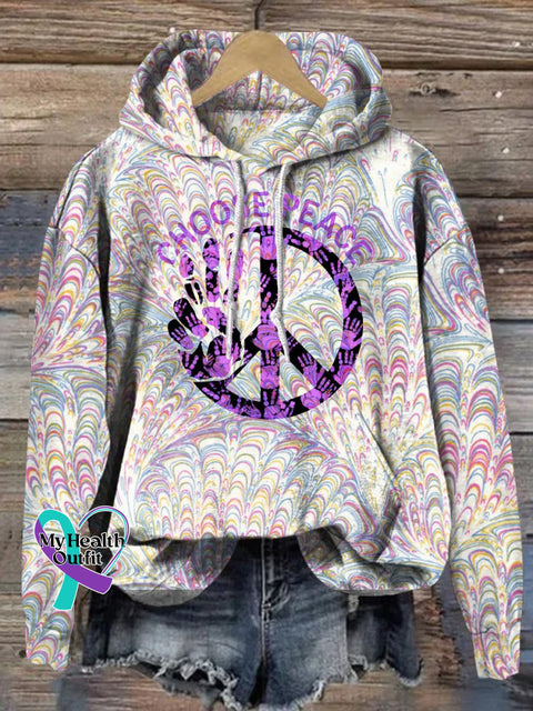 Choose Peace Printed Casual Hooded Sweatshirt Multicolor / S