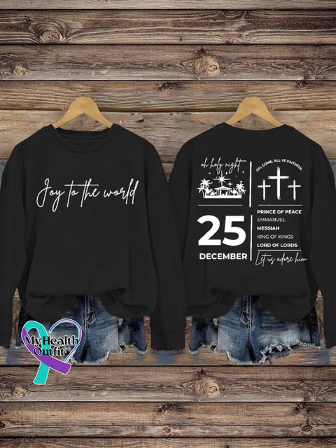 Christian Christmas Joy To The World Print Casual Sweatshirt Black / S