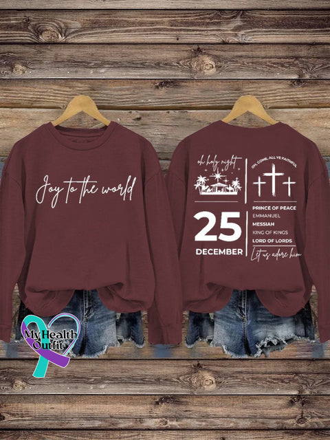 Christian Christmas Joy To The World Print Casual Sweatshirt Maroon / S