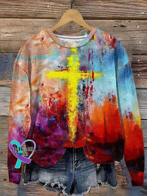 Christian Faith Cross Pattern Art Print Casual Sweatshirt Multicolor / S