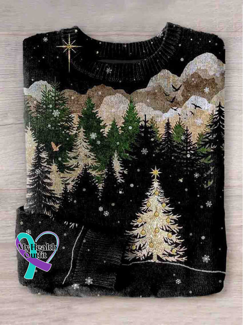 Christmas Art Forest Print Knit Pullover Sweater Multicolor / S