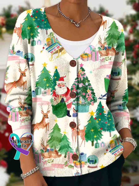 Christmas Art Print Buttoned V-neck Cardigan Sweater Multicolor / S