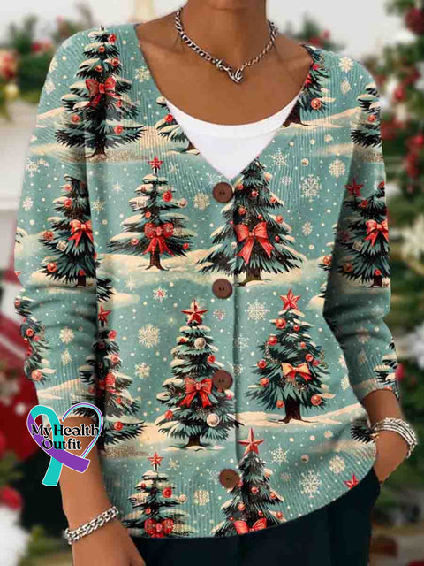 Christmas Art Print Buttoned V-neck Cardigan Sweater Multicolor / S